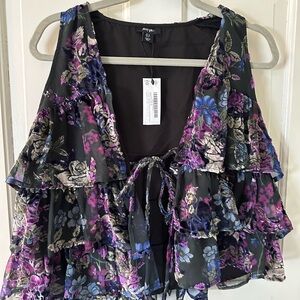 Nasty Gal Black and Purple Floral Ruffle Blouse